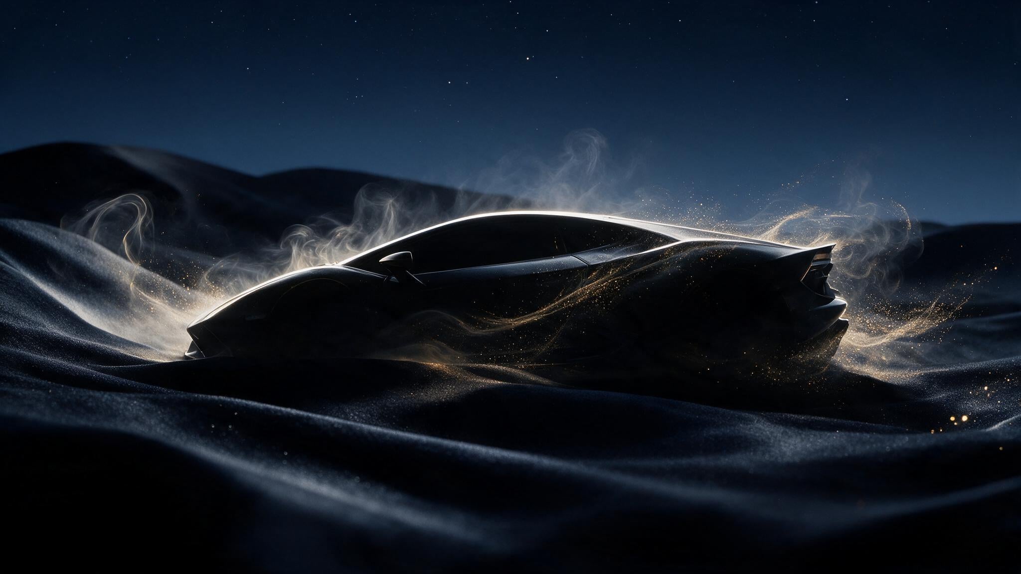 A car on night dunes under a starlit sky